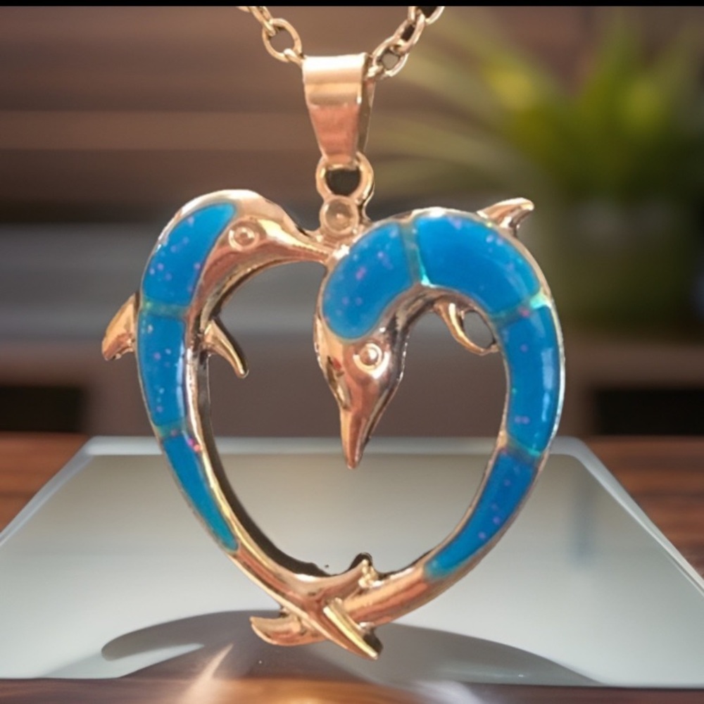 Blue Opal Dolphin Making A Heart In Love Pendant Necklace